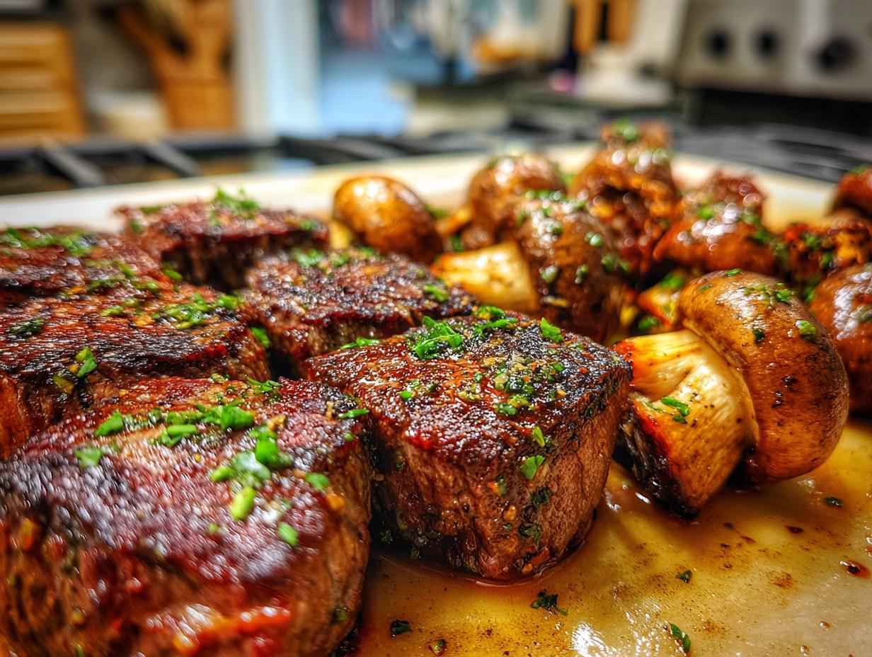 Close-up of juicy air fryer steak bites and whole mushrooms, seasoned and garnished with fresh parsley.