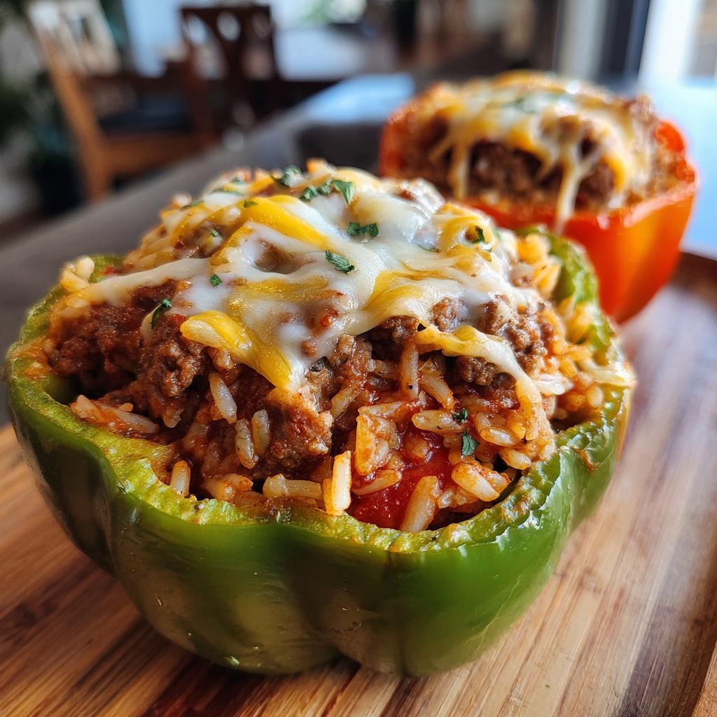 Close-up of a green bell pepper stuffed with ground meat and rice mixture, topped with melted cheese and parsley. Another stuffed pepper is visible in the background.