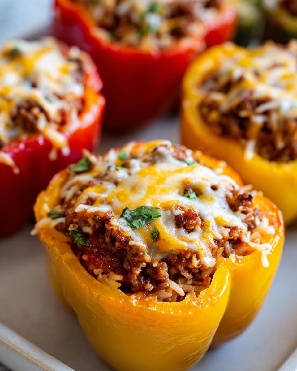 Close-up of air fryer stuffed peppers filled with ground meat and rice, topped with melted cheese and parsley.