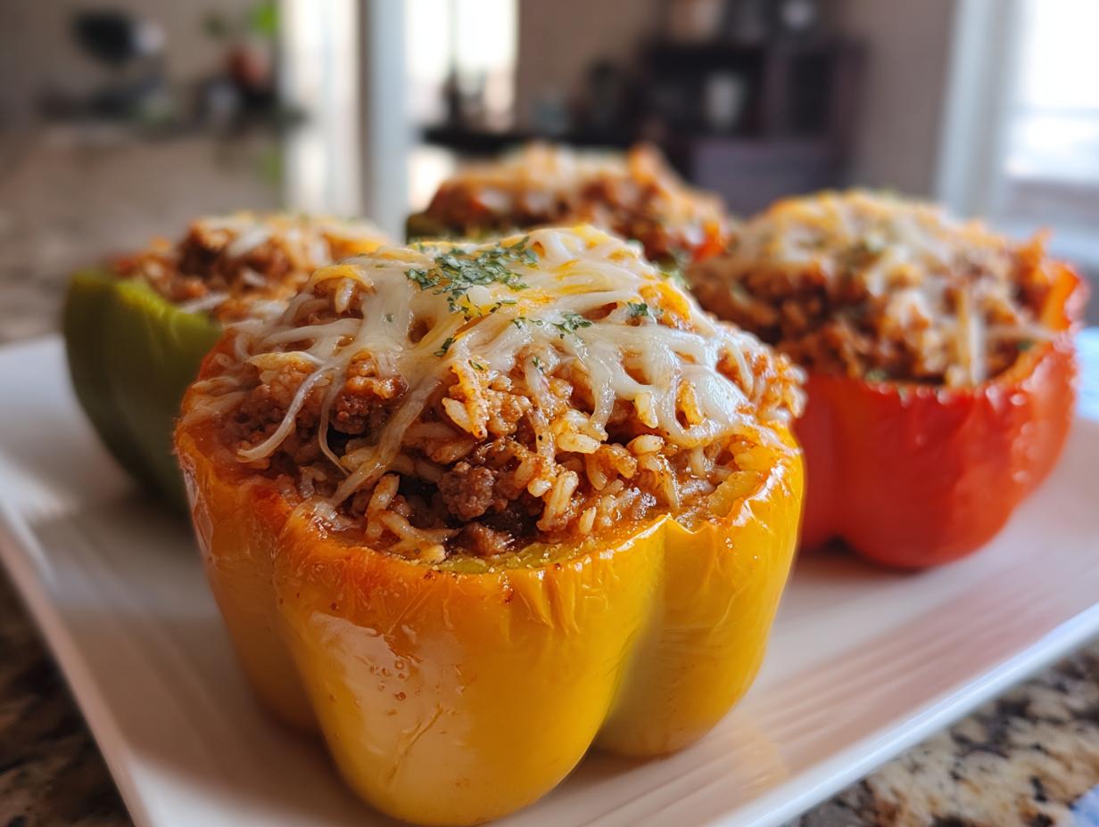 Close-up of colorful stuffed bell peppers, filled with meat and rice, topped with melted cheese and herbs, perfect for air fryer recipes.