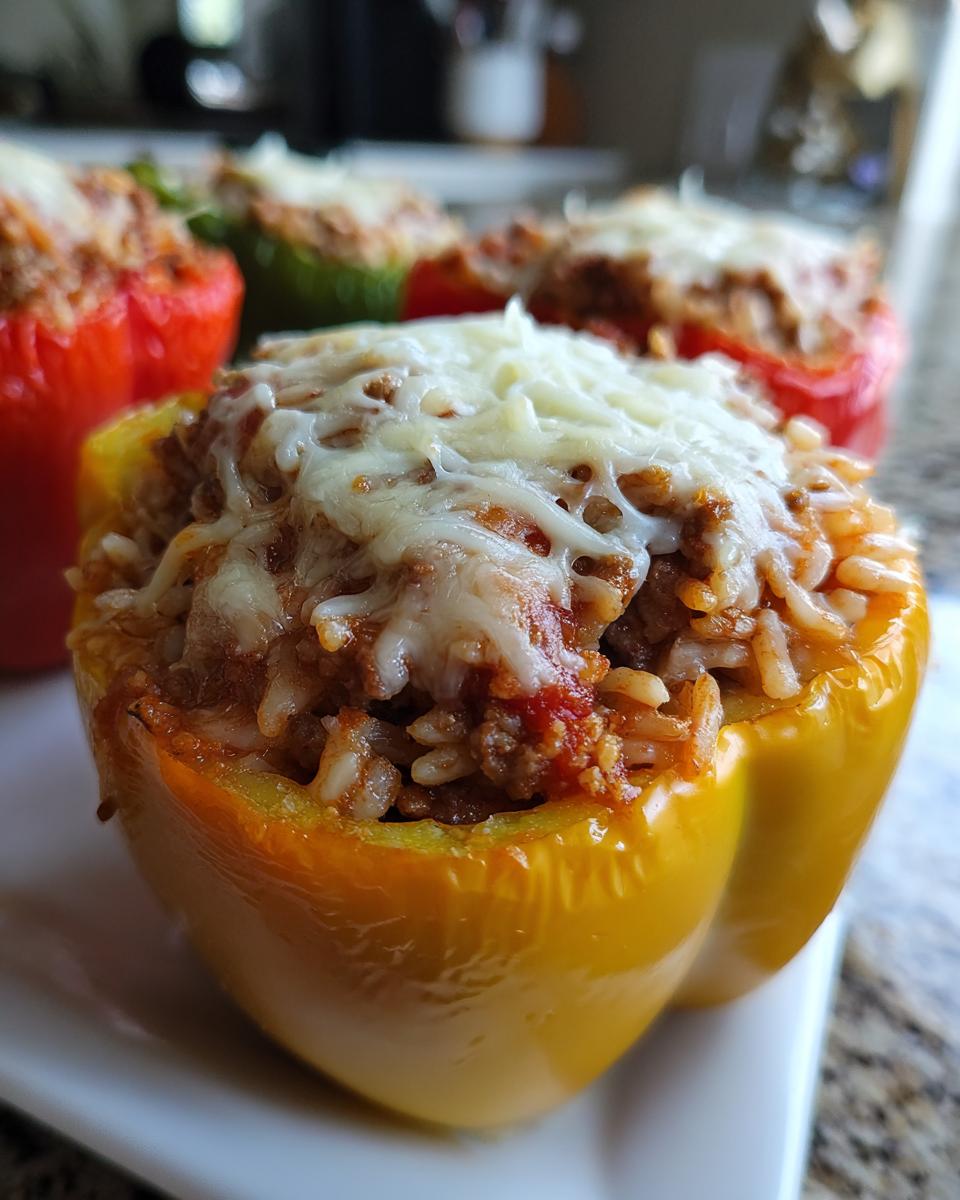 Close-up of a yellow air fryer stuffed pepper filled with meat and rice, topped with melted cheese. Other stuffed peppers in the background.