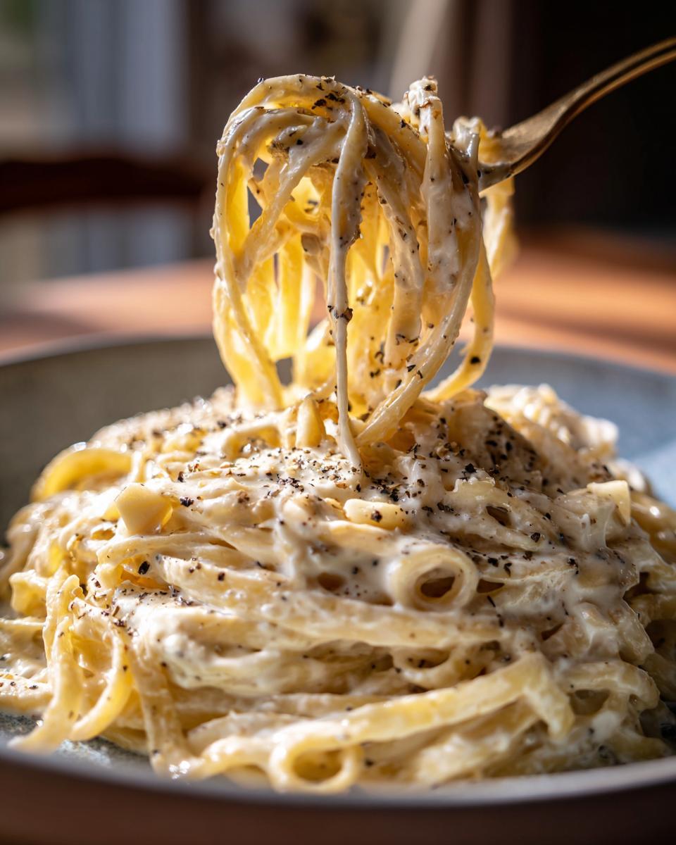 A fork twirls fettuccine pasta coated in creamy Alfredo sauce with flecks of black pepper.