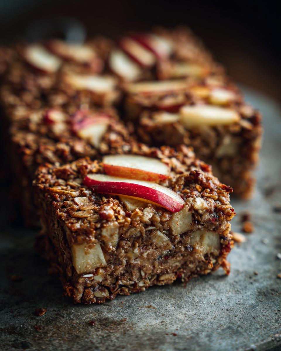 Close-up of apple cinnamon baked oatmeal bars, topped with fresh apple slices. A perfect breakfast idea.