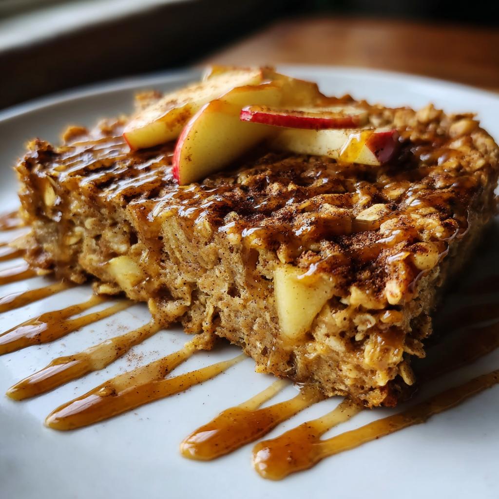 A delicious slice of Apple Cinnamon Baked Oatmeal, drizzled with caramel and topped with fresh apple slices.