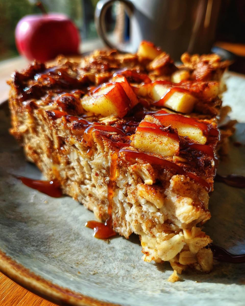 A close-up of a slice of apple cinnamon baked oatmeal, drizzled with caramel.