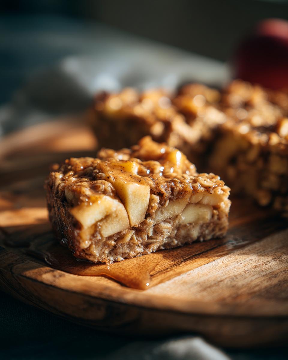 A close-up of a slice of apple cinnamon baked oatmeal, drizzled with syrup, on a wooden board.