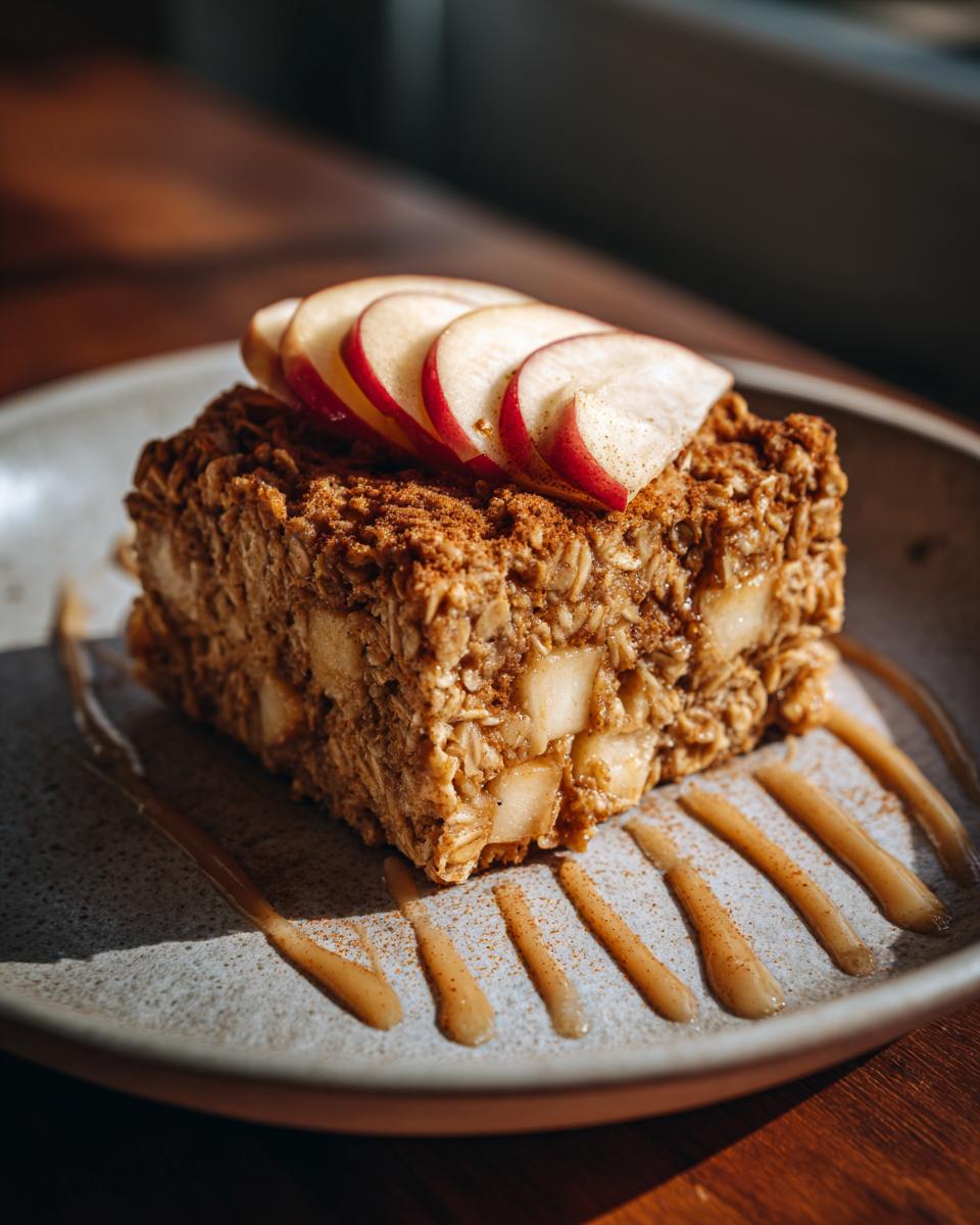 A delicious slice of apple cinnamon baked oatmeal, topped with fresh apple slices and a drizzle of syrup.