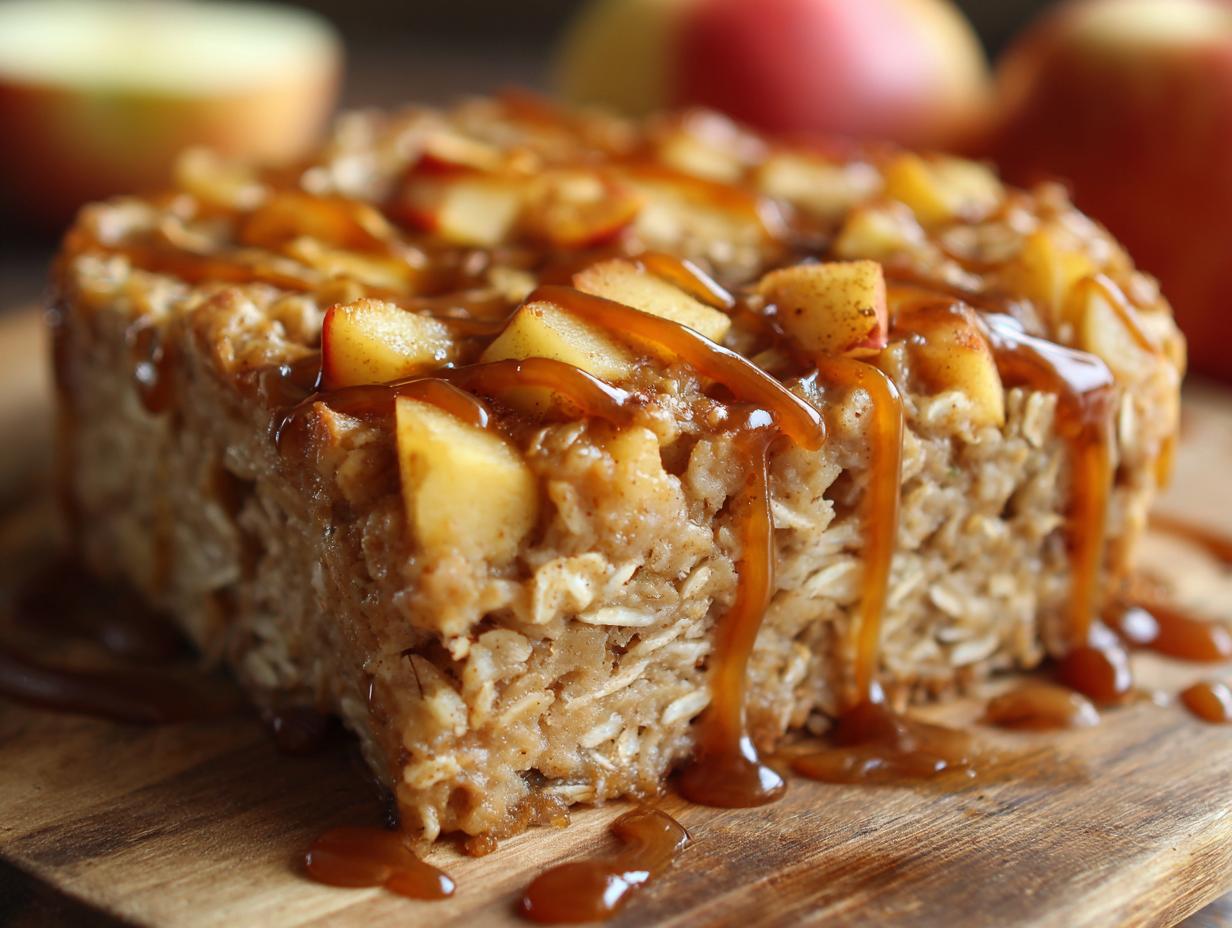 A close-up of a slice of apple cinnamon baked oatmeal, topped with diced apples and drizzled with caramel sauce.