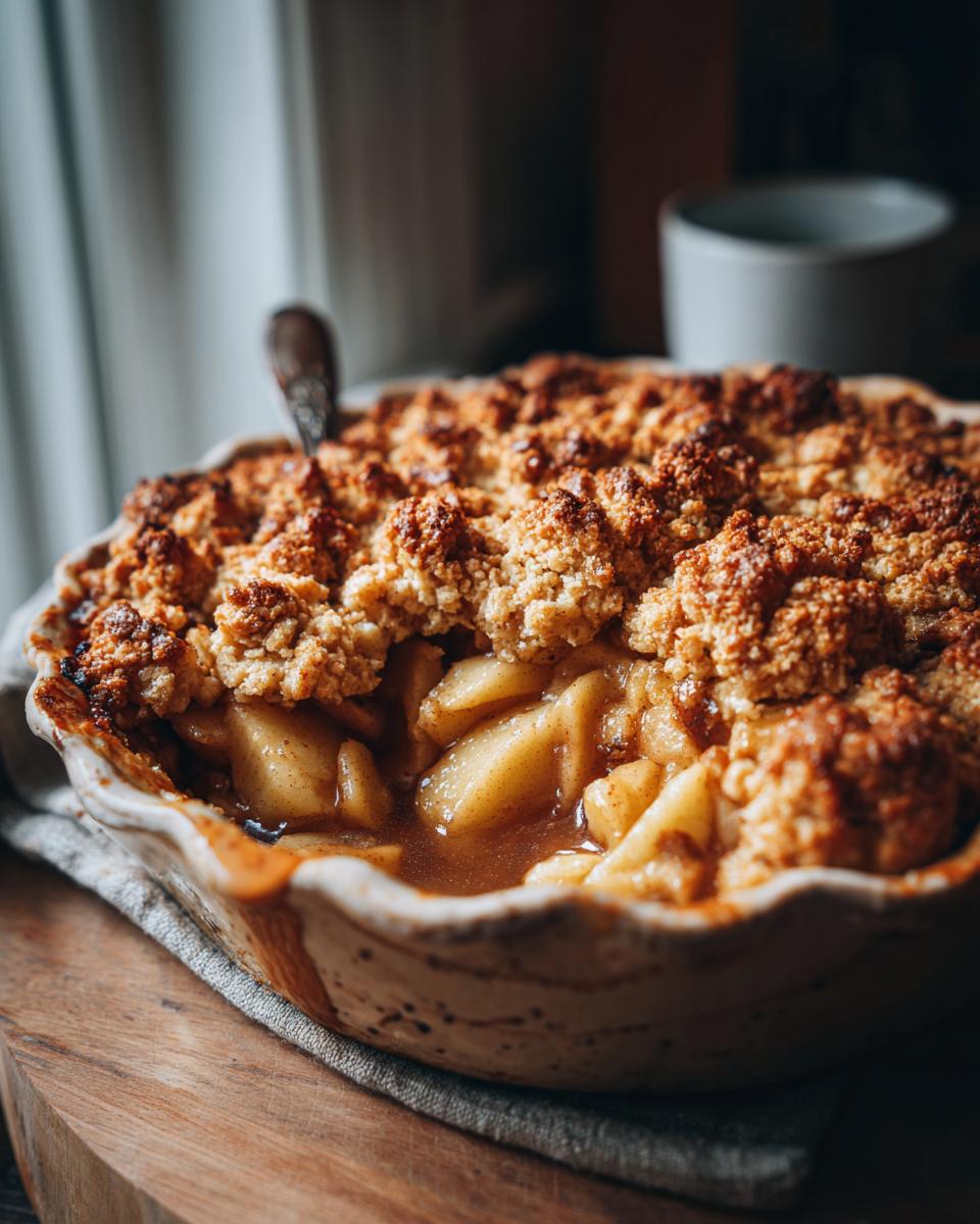 Close-up of a warm and buttery apple crisp in a baking dish with a spoon.