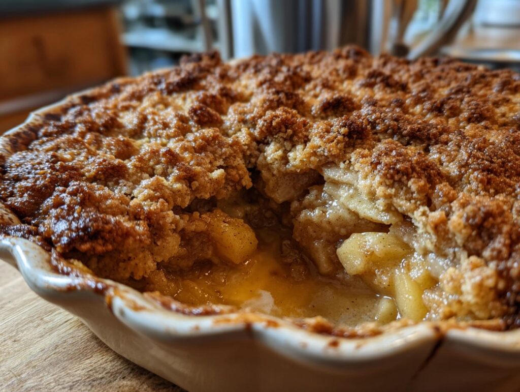 Close-up of a warm and buttery apple crisp dessert with a golden brown crumble topping.