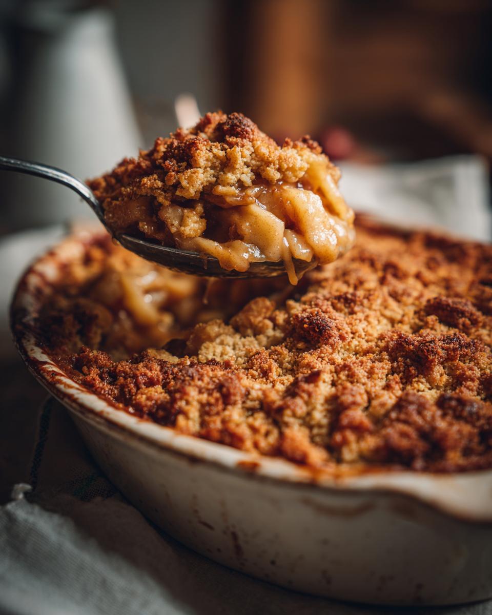 A spoonful of warm apple crisp with a buttery crumble topping, showing tender baked apples.