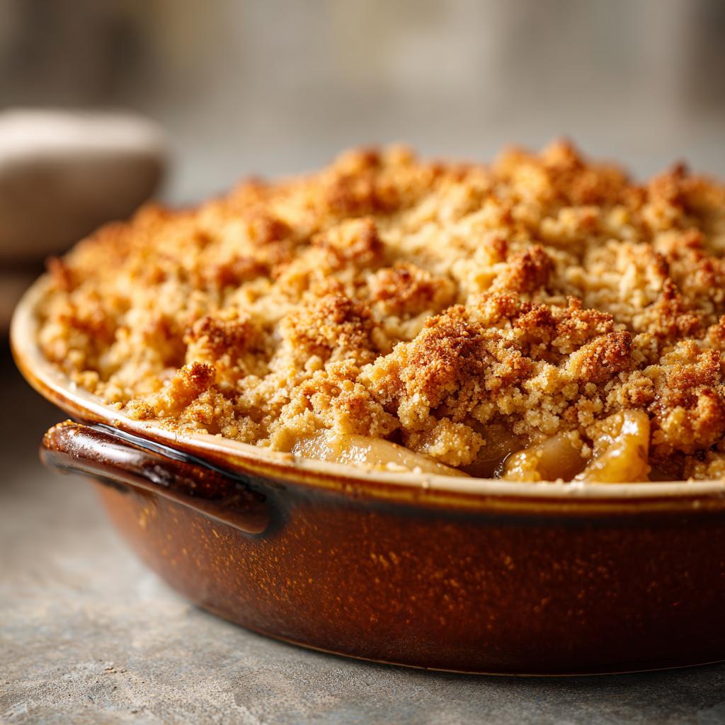 Close-up of a golden-brown apple crisp in a rustic brown baking dish, featuring a buttery crumble topping.