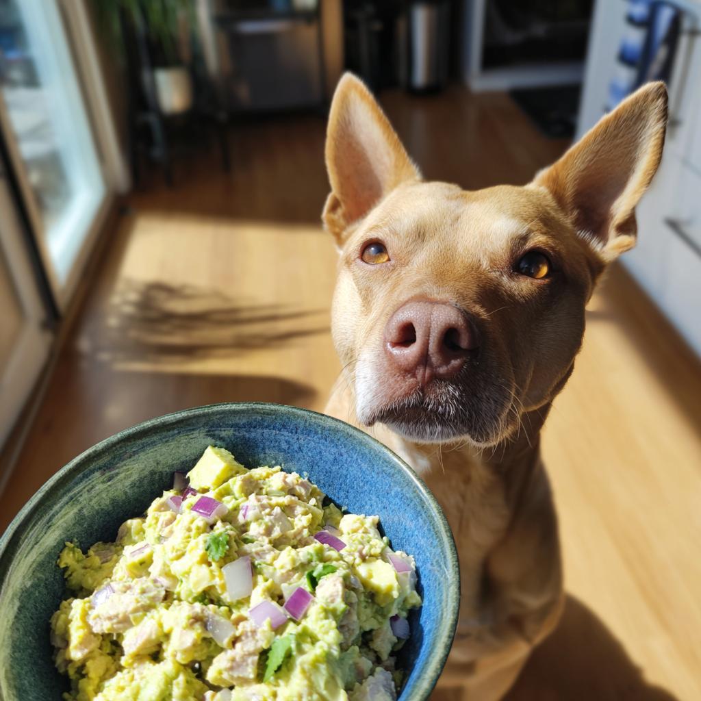 A dog looking intently at a bowl of avocado tuna salad, a healthy lunch idea.