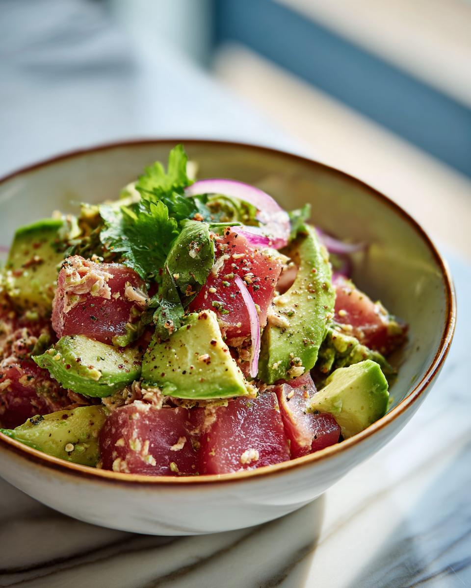 Close-up of a healthy avocado tuna salad with fresh tuna chunks, creamy avocado slices, and red onion.