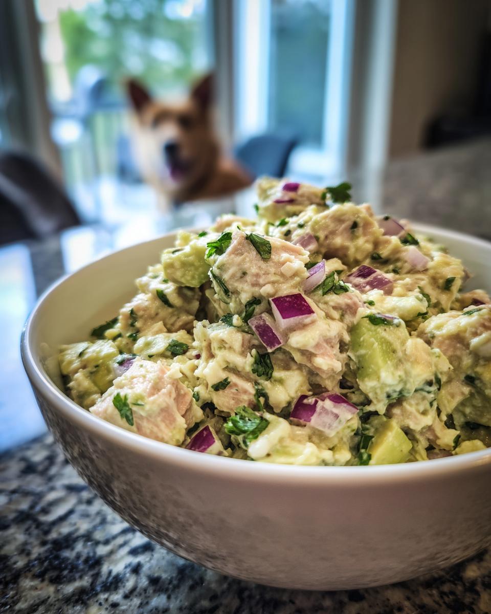 Close-up of a bowl filled with creamy avocado tuna salad, featuring chunks of tuna, avocado, red onion, and parsley.
