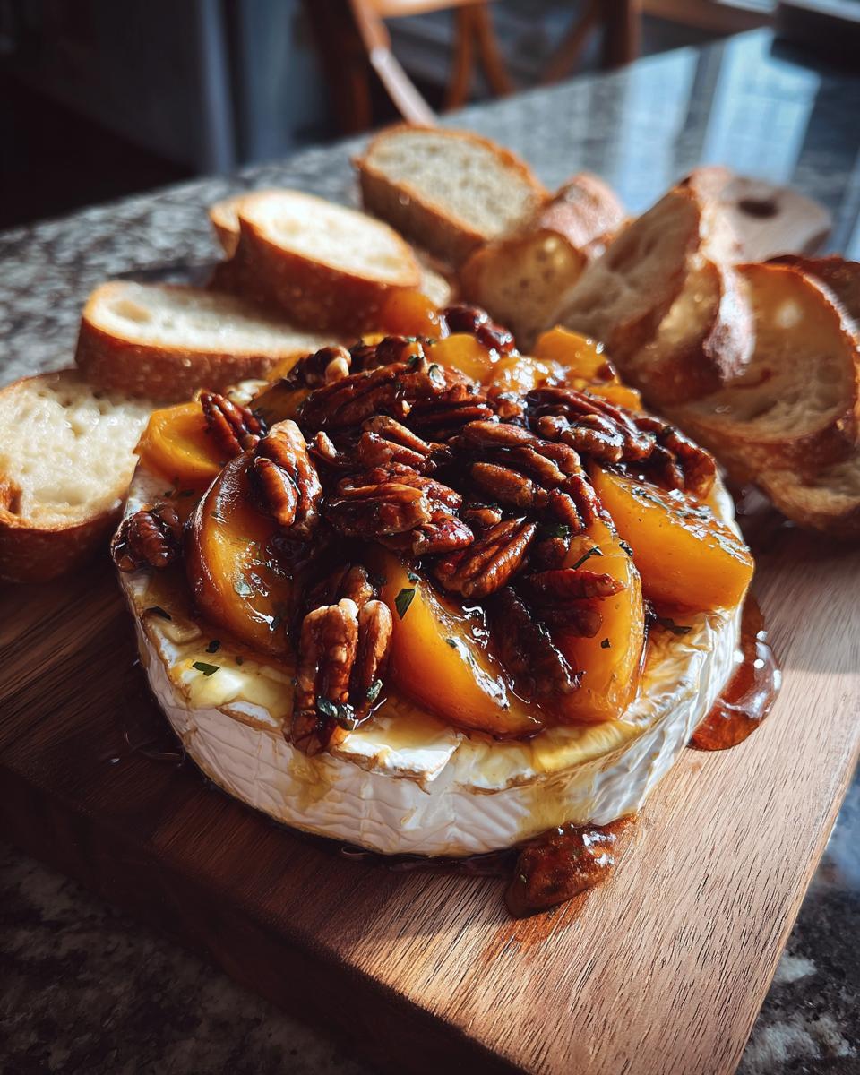 Melted baked brie topped with glazed peaches and toasted pecans, served with sliced baguette.