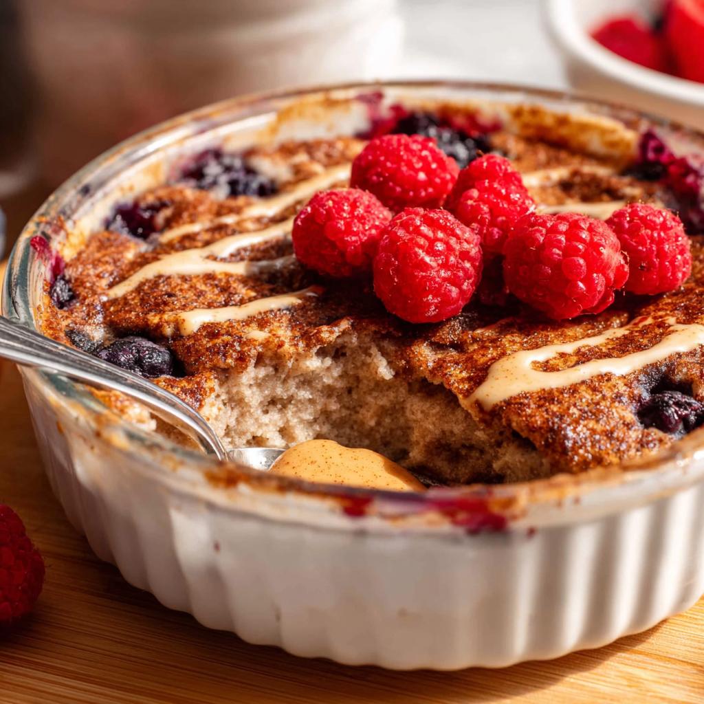 A fluffy baked protein bowl topped with raspberries and a drizzle of sauce, with a spoonful removed.