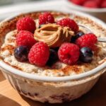 A close-up of a fluffy baked protein bowl topped with fresh raspberries, blueberries, and a dollop of peanut butter.