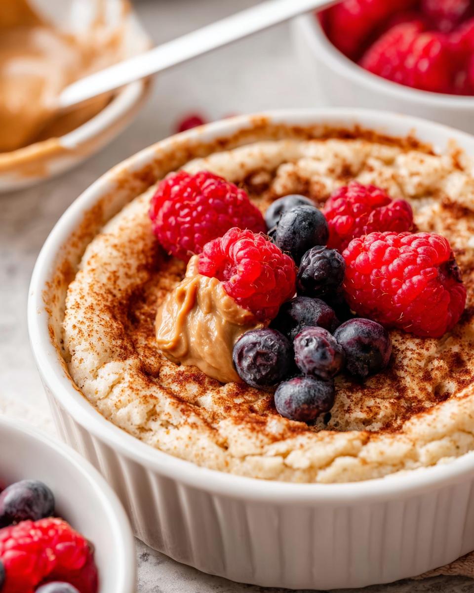 Close-up of a fluffy baked protein bowl topped with fresh raspberries, blueberries, and a dollop of peanut butter.
