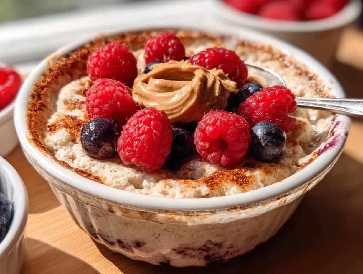 A close-up of a fluffy baked protein bowl topped with fresh raspberries, blueberries, and a dollop of peanut butter.