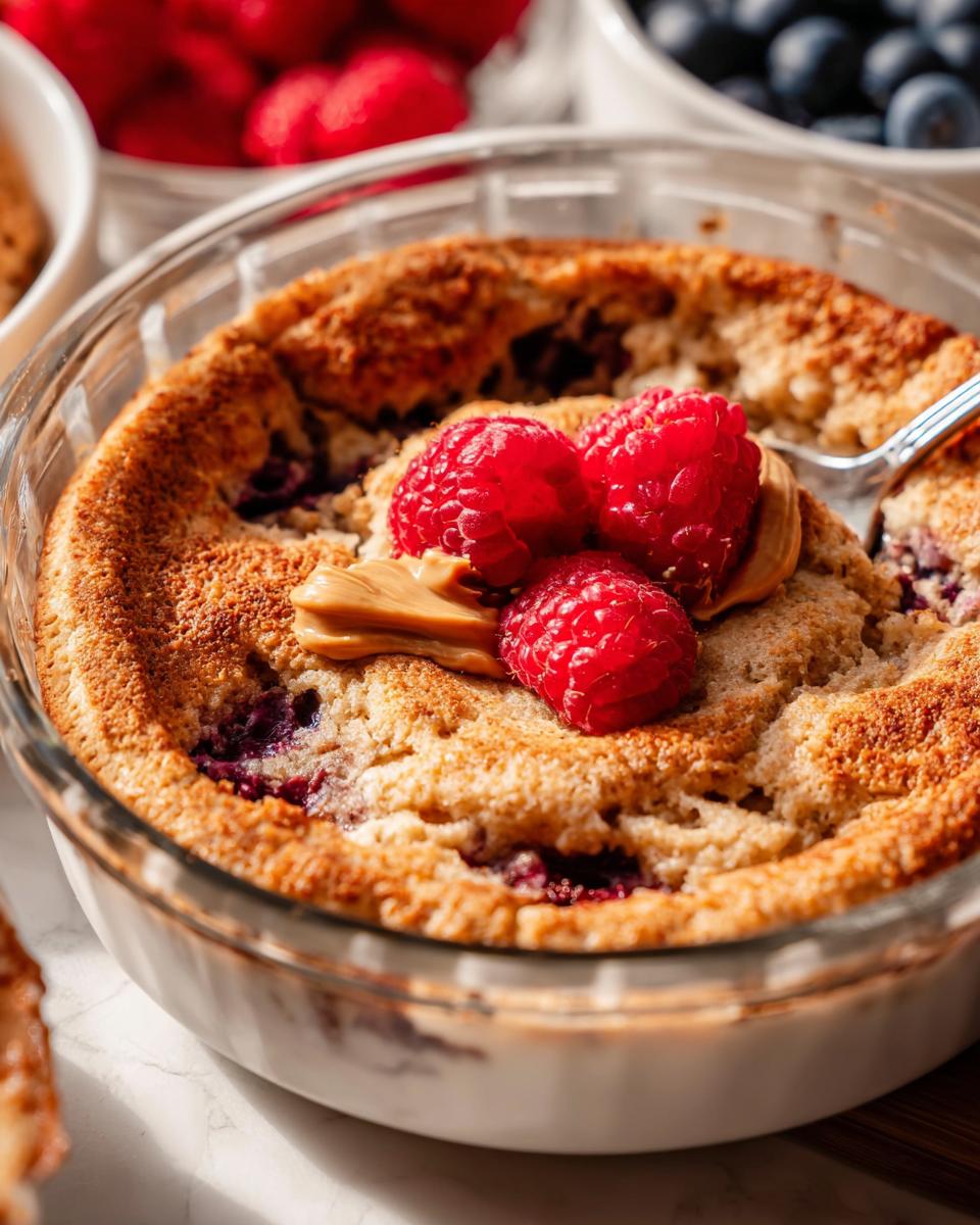 A close-up of a fluffy baked protein bowl topped with raspberries and peanut butter, answering the question: Are These Baked Protein Bowls Really That Fluffy?