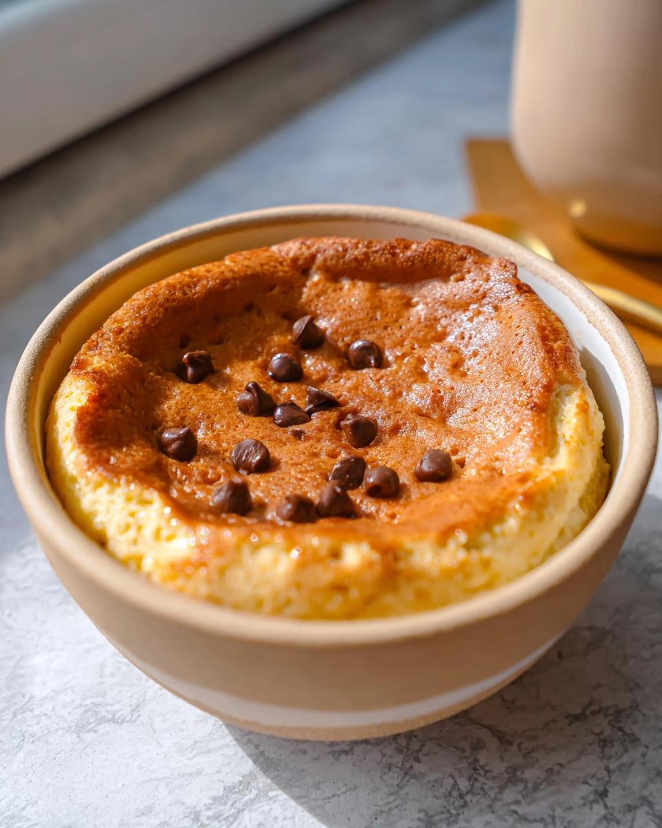 A close-up of a baked protein pancake bowl topped with chocolate chips, ready to be enjoyed.