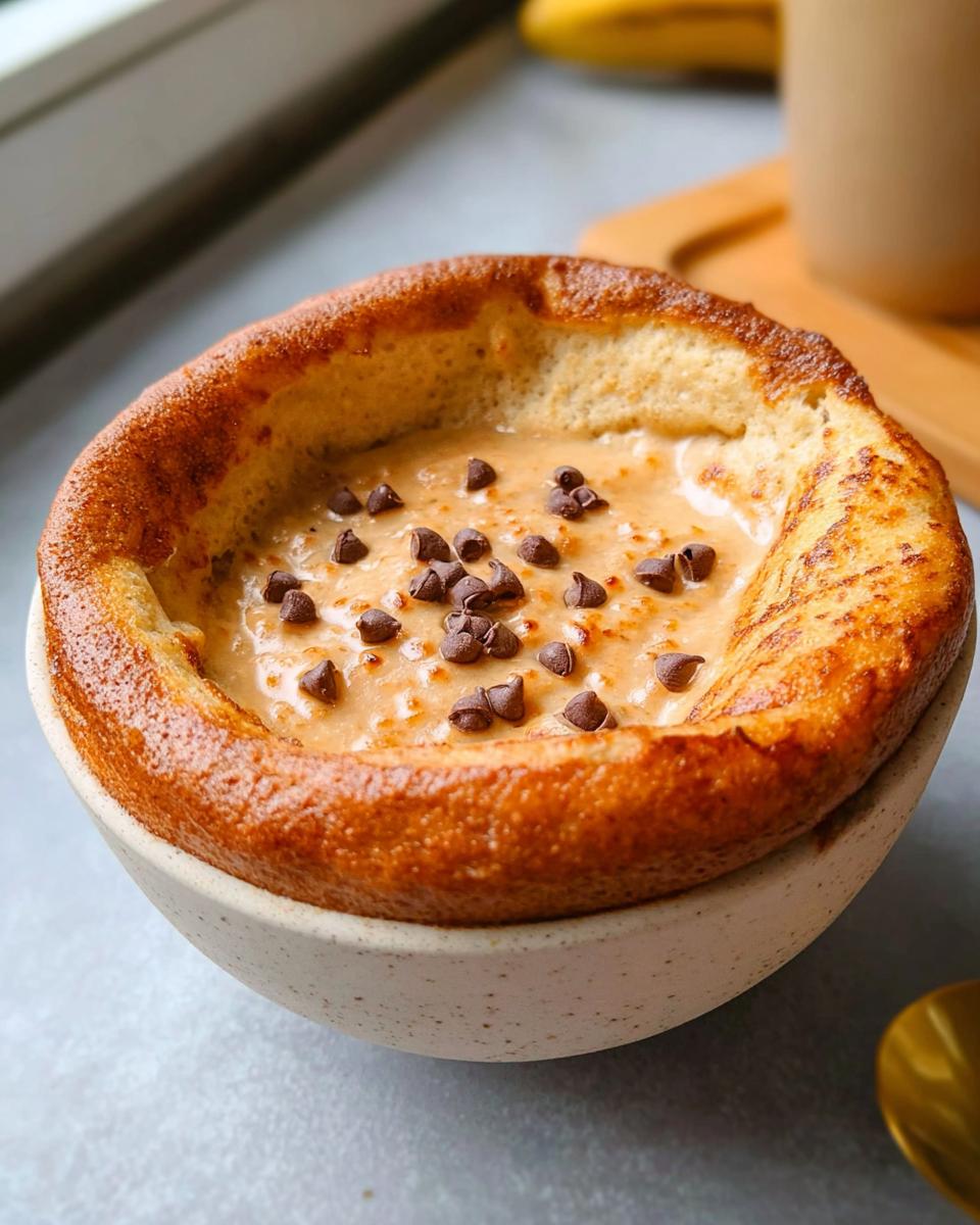 A close-up of a baked protein pancake bowl filled with creamy peanut butter and topped with mini chocolate chips.