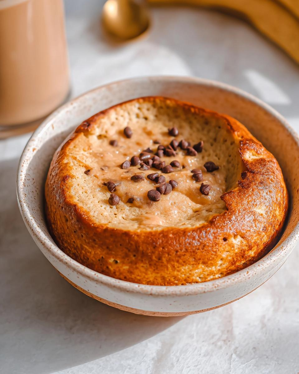 A close-up of a golden-brown baked protein pancake bowl topped with melted peanut butter and chocolate chips.