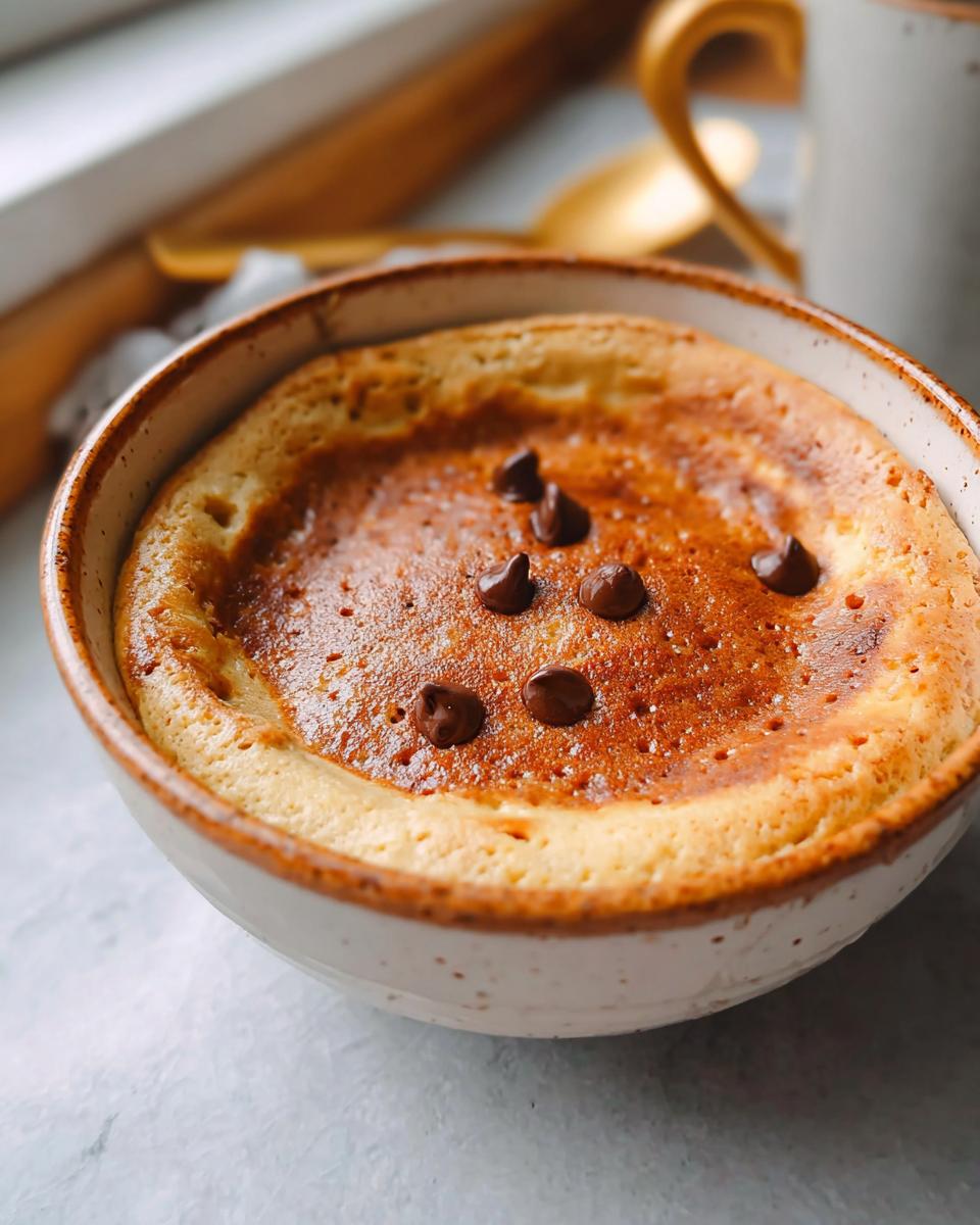 A close-up of a baked protein pancake bowl topped with melted chocolate chips.
