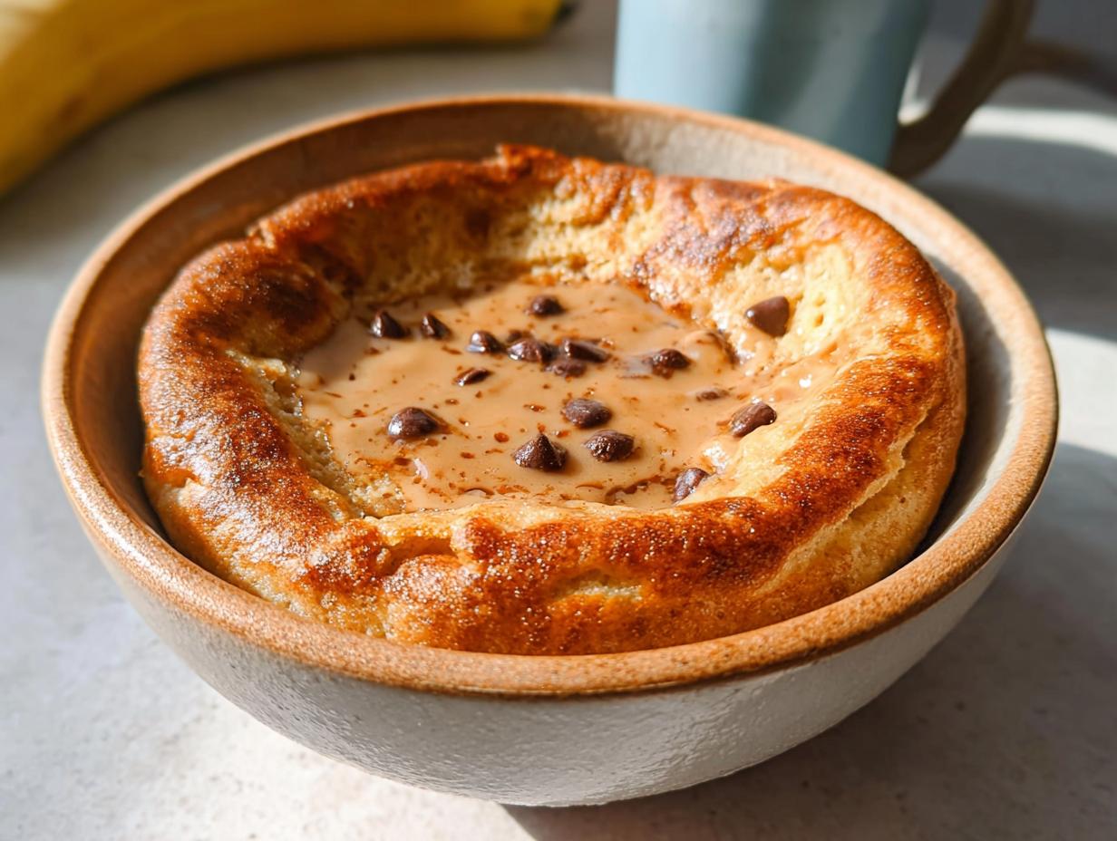 A close-up of a baked protein pancake bowl topped with creamy sauce and chocolate chips.