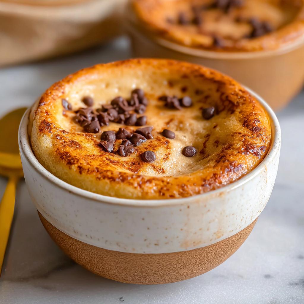 Close-up of a baked protein pancake bowl topped with chocolate chips, showcasing its fluffy texture and golden-brown crust.