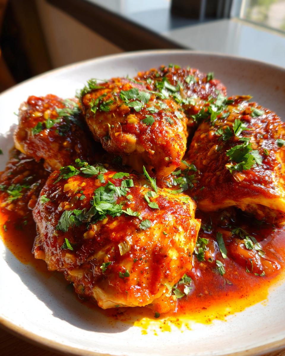 Close-up of baked salsa chicken breasts, glistening with sauce and topped with fresh parsley.