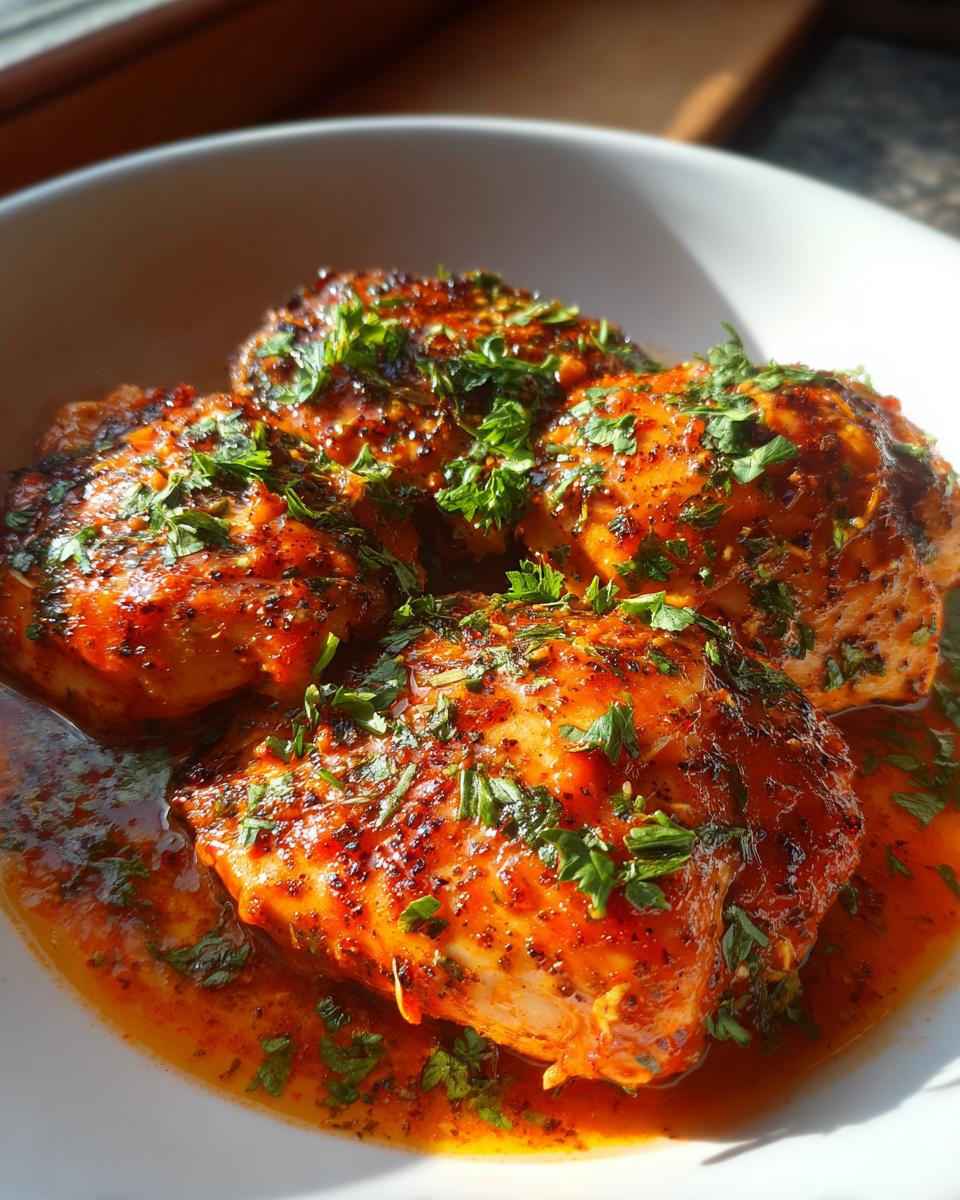 Close-up of baked salsa chicken breasts in a white bowl, garnished with fresh parsley.