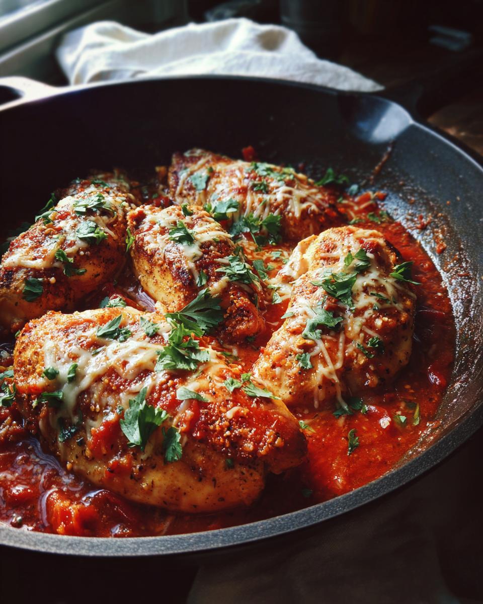 Close-up of baked salsa chicken breasts topped with melted cheese and parsley in a cast-iron skillet.