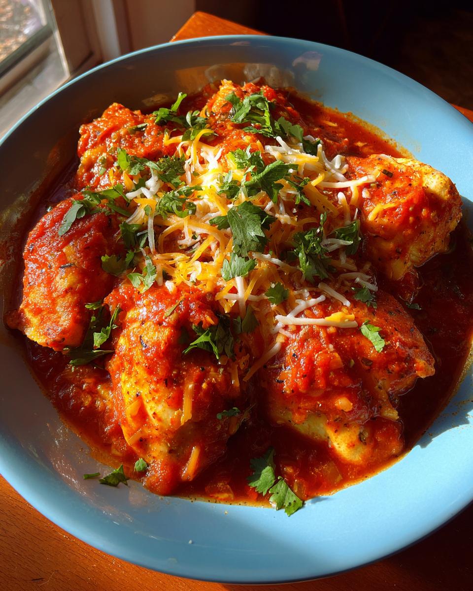 Close-up of baked salsa chicken breast in a blue bowl, topped with shredded cheese and cilantro.