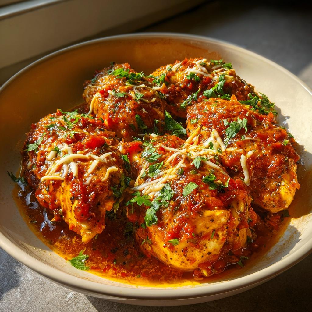 A bowl of baked salsa chicken breasts topped with melted cheese and fresh parsley, perfect for busy nights.