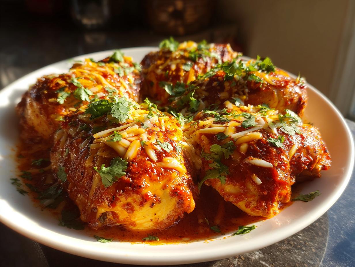 Close-up of baked salsa chicken breasts topped with shredded cheese and cilantro.