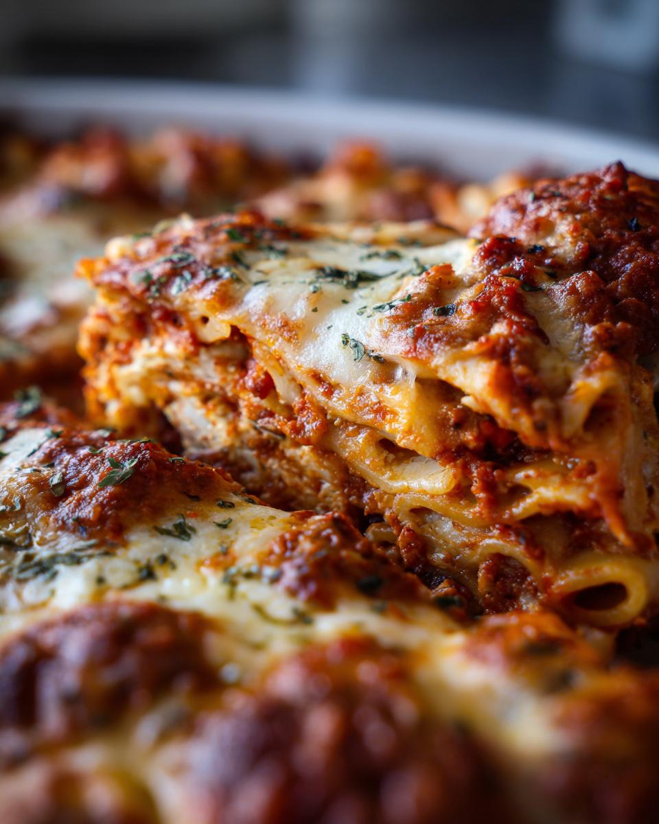A close-up of a slice of baked ziti with three cheeses, showing layers of pasta, rich tomato sauce, and melted cheese.