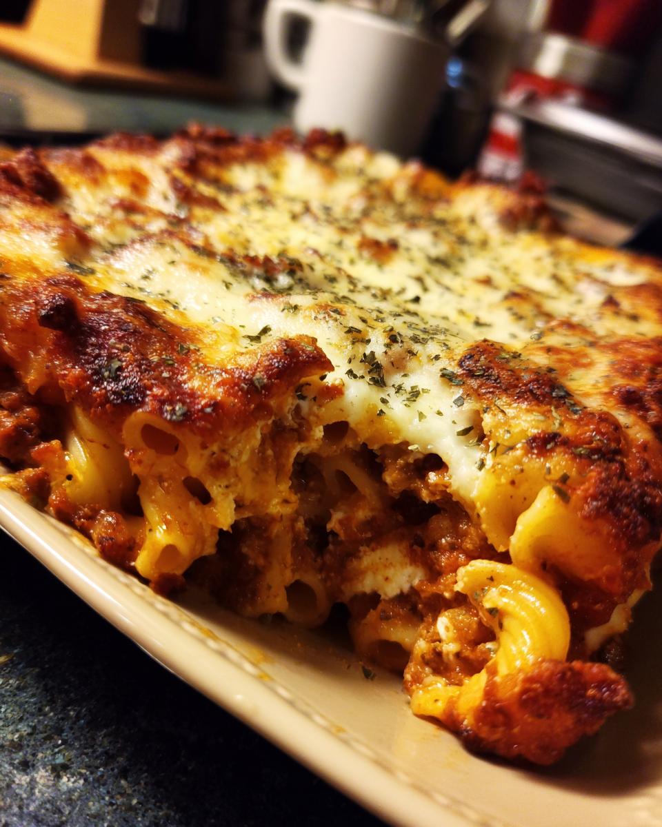 Close-up of a serving of baked ziti with three cheeses, showing pasta tubes, rich meat sauce, and melted cheese topping.
