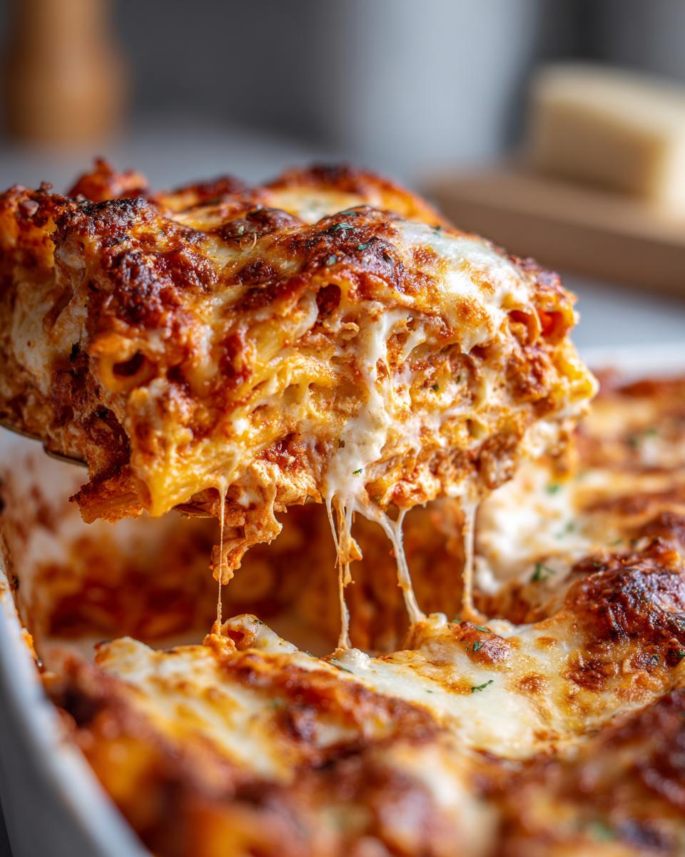 A slice of baked ziti with three cheeses being lifted from a baking dish, showing gooey melted cheese.