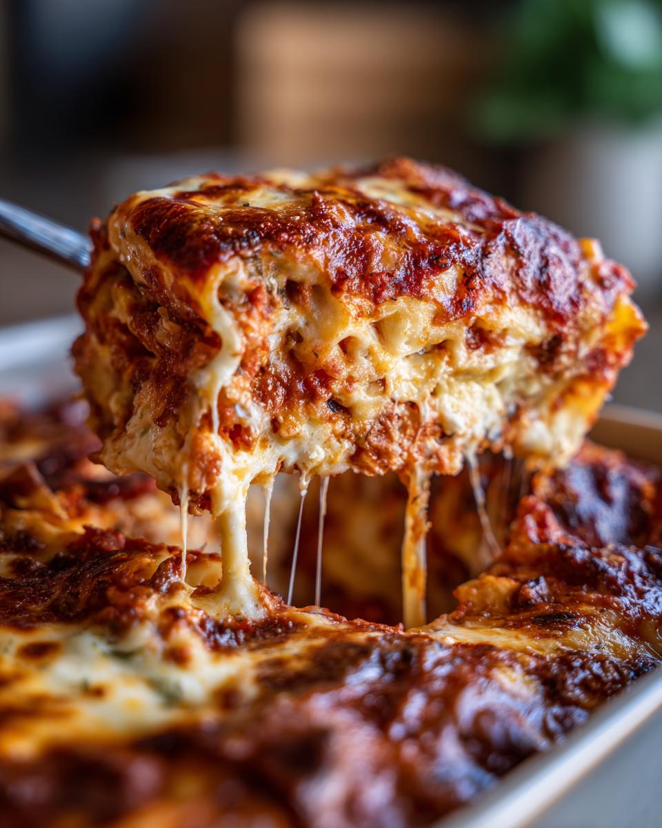 A slice of baked ziti with three cheeses is lifted from a baking dish, showing gooey melted cheese.