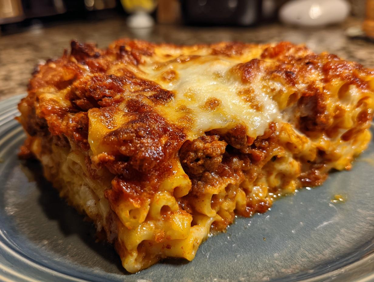 A delicious slice of baked ziti with three cheeses, featuring pasta, meat sauce, and melted cheese topping.