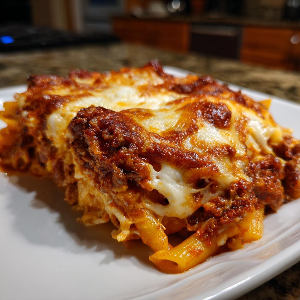 A close-up of a serving of baked ziti with three cheeses, showing melted mozzarella and rich tomato sauce.