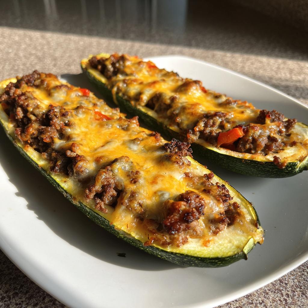 Two baked zucchini boats filled with seasoned ground beef and topped with melted cheese, a delicious ground beef recipe.