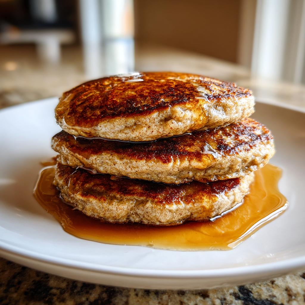 A stack of three golden-brown banana oat pancakes drizzled with syrup on a white plate.