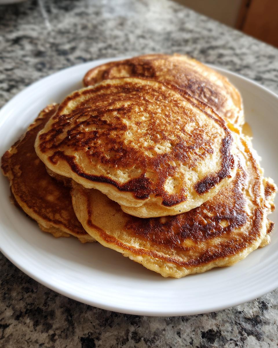 A stack of golden-brown banana oat pancakes on a white plate, ready for breakfast.