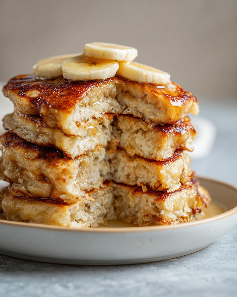 A close-up of a stack of fluffy banana oat pancakes, drizzled with syrup and topped with banana slices.