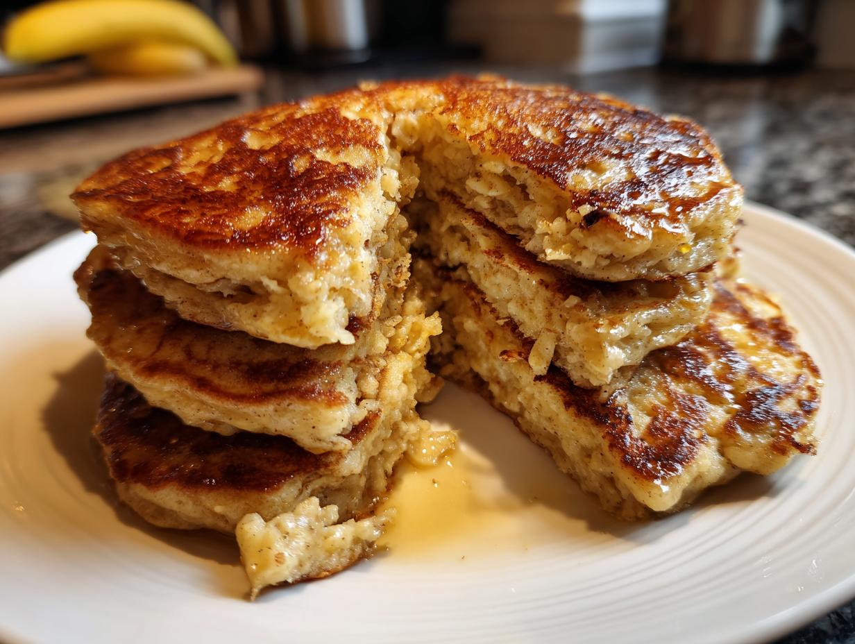 A stack of fluffy banana oat pancakes drizzled with syrup, perfect for breakfast.