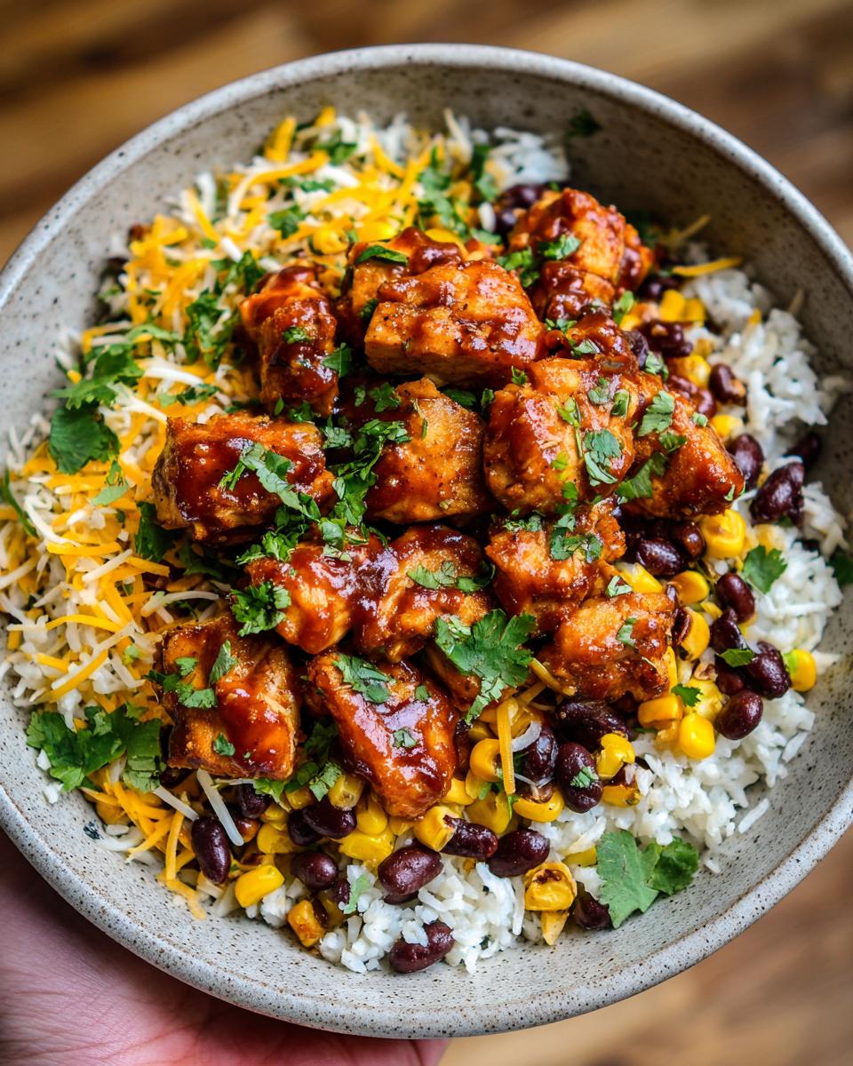 A close-up of a delicious BBQ Chicken Bowl with rice, black beans, corn, shredded cheese, and cilantro.