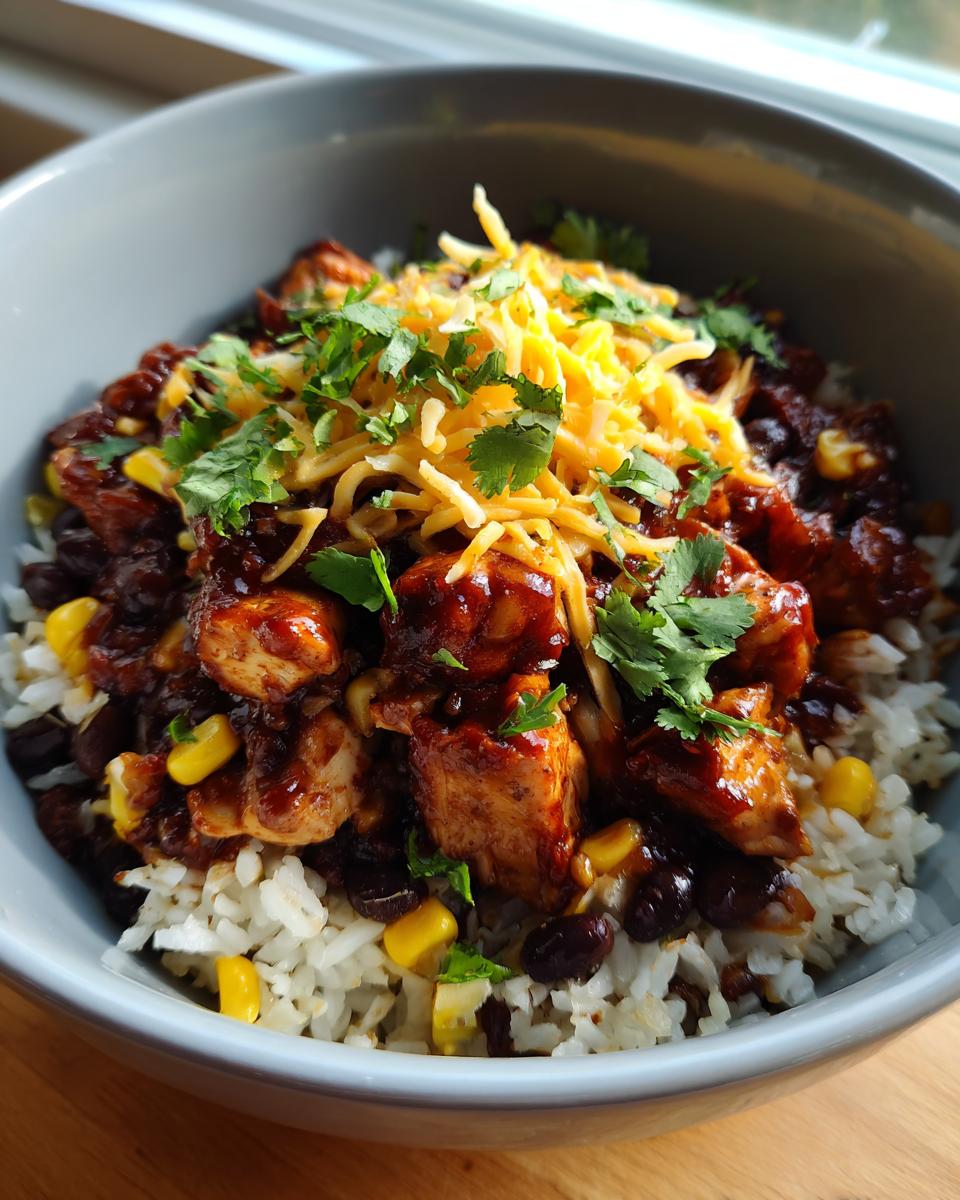 A close-up of a BBQ Chicken Bowl with rice, black beans, corn, shredded cheese, and cilantro.